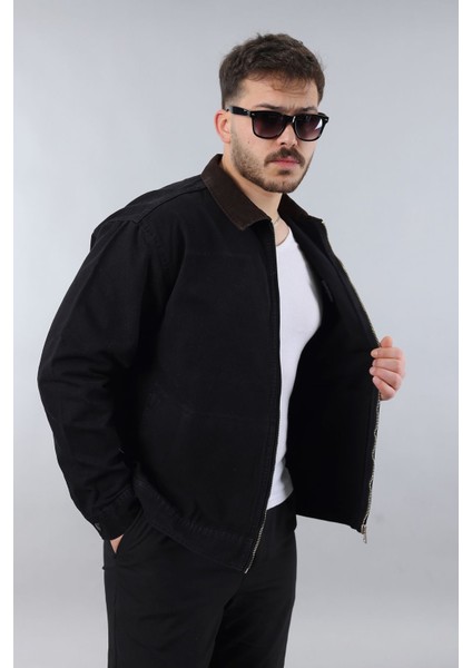 Erkek Regular Fit Yaka Garni Fermuarlı Siyah Kot Ceket modelleri