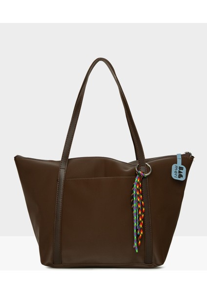 Kahverengi Kadın Renkli Püskül Detaylı Saten Tote Çanta M000008174