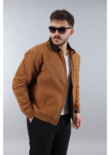 Erkek Regular Fit Yaka Garni Fermuarlı Taba Kot Ceket