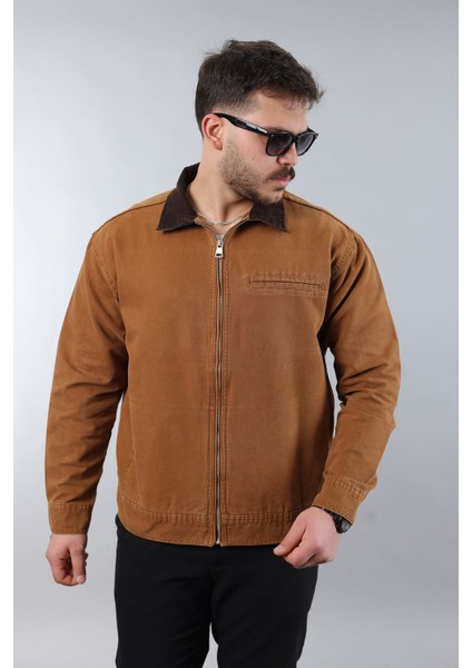Erkek Regular Fit Yaka Garni Fermuarlı Taba Kot Ceket fiyatları