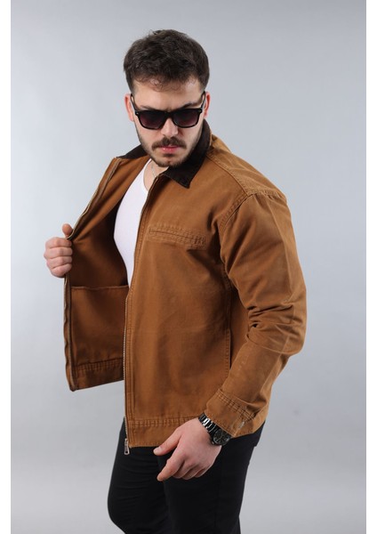 Erkek Regular Fit Yaka Garni Fermuarlı Taba Kot Ceket modelleri