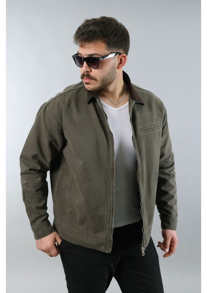 Erkek Regular Fit Yaka Garni Fermuarlı Haki Kot Ceket modelleri