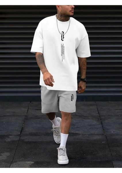 Erkek Dikey Baskılı Oversize T-Shirt Şort