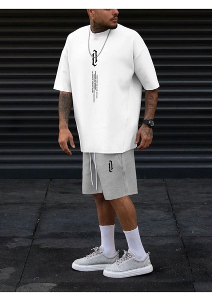 Erkek Dikey Baskılı Oversize T-Shirt Şort