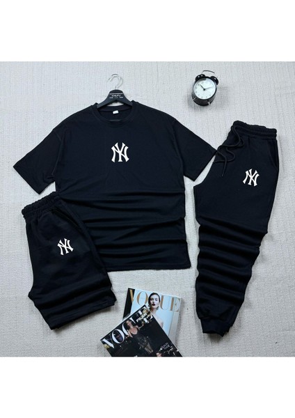 Oversize Kesim Ny Baskılı T-Shirt Siyah Şort ve Eşofman 3'lü Takım Unisex