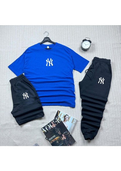Oversize Kesim Ny Baskılı T-Shirt Siyah Şort ve Eşofman 3'lü Takım Unisex