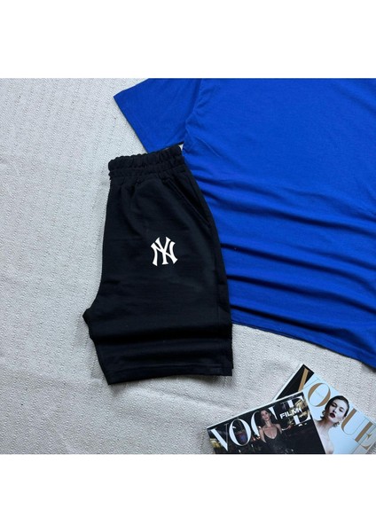 Oversize Kesim Ny Baskılı T-Shirt Siyah Şort ve Eşofman 3'lü Takım Unisex