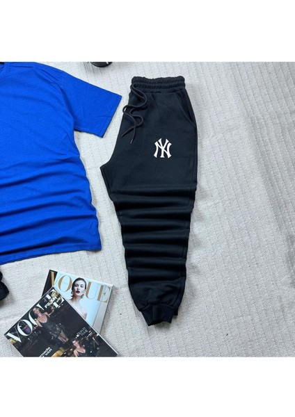 Oversize Kesim Ny Baskılı T-Shirt Siyah Şort ve Eşofman 3'lü Takım Unisex