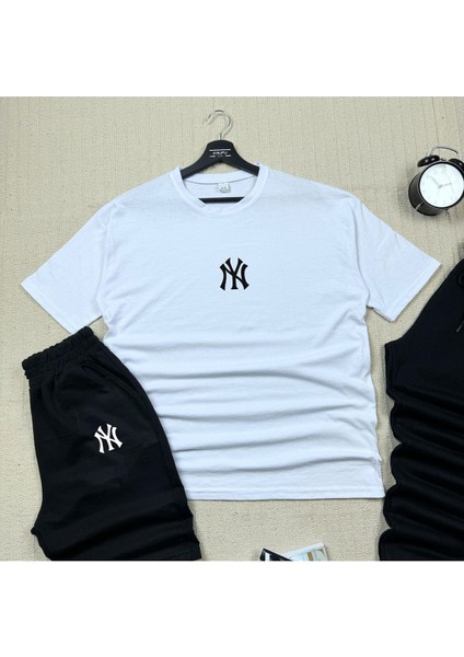 Oversize Kesim Ny Baskılı T-Shirt Siyah Şort ve Eşofman 3'lü Takım Unisex