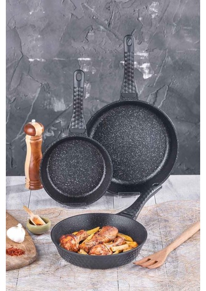 3 Triton 3'lü Döküm Tava Seti Döküm Siyah Döküm Yapışmaz Taban Kızartma Tavası Tr