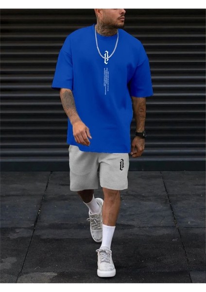 Erkek Dikey Baskılı Oversize T-Shirt Şort