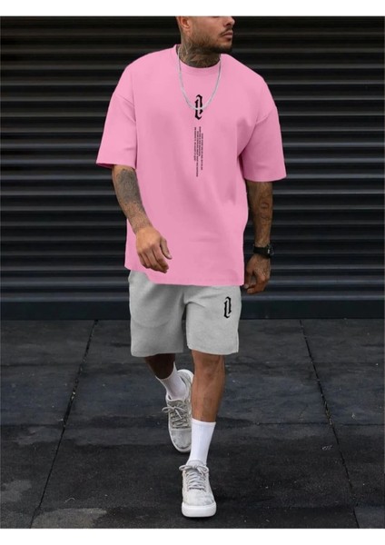 Erkek Dikey Baskılı Oversize T-Shirt Şort
