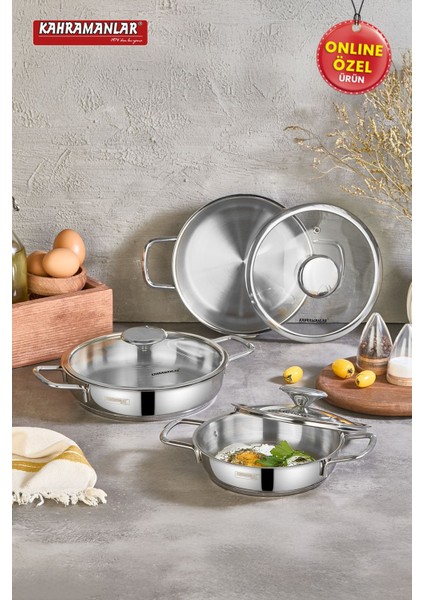 Tr Yağmur Indüksiyon Tabanlı 3'lü Sahan Seti Kızartma Tavası 3+ Gri Çelik Indüksiyon Ocakta Kullanı