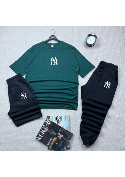 Oversize Kesim Ny Baskılı T-Shirt Siyah Şort ve Eşofman 3'lü Takım Unisex