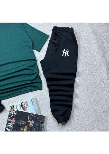 Oversize Kesim Ny Baskılı T-Shirt Siyah Şort ve Eşofman 3'lü Takım Unisex
