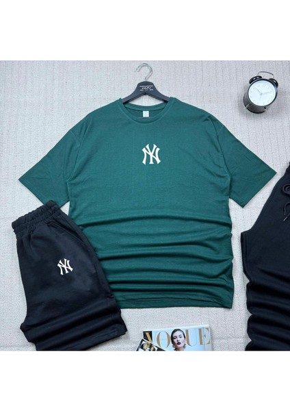 Oversize Kesim Ny Baskılı T-Shirt Siyah Şort ve Eşofman 3'lü Takım Unisex