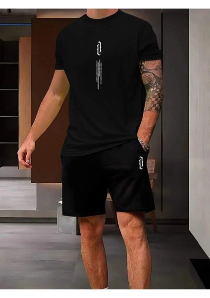 Erkek Dikey Baskılı Oversize T-Shirt Şort