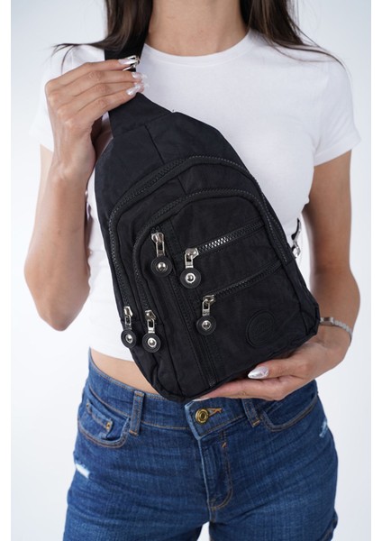 Unisex Siyah Çapraz Askılı Göğüs Çantası, Çok Bölmeli Günlük Omuz Çantası, Bodybag