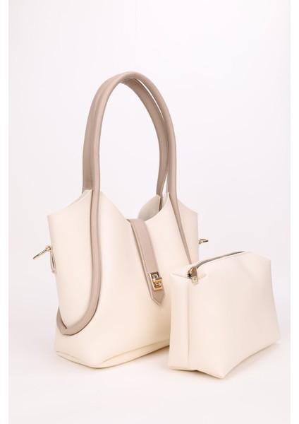 Krem Vizon Kilit Detaylı Makyaj Çantalı Uzun Askılı Kadın El Omuz Ve Çapraz Çanta