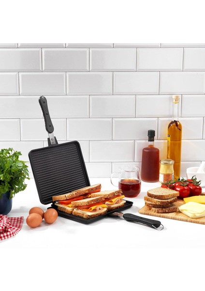 2 Tastemake Döküm Ocak Üstü Tost Izgara 20X26 Cm-2 Parça Döküm Sac Tava Yapışmaz Taban Döküm