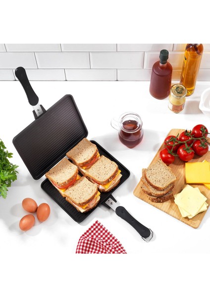 2 Tastemake Döküm Ocak Üstü Tost Izgara 20X26 Cm-2 Parça Döküm Sac Tava Yapışmaz Taban Döküm