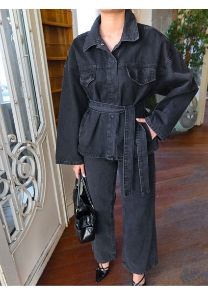 Patlı Yaka Denim Gömlek Pantolon Takımı