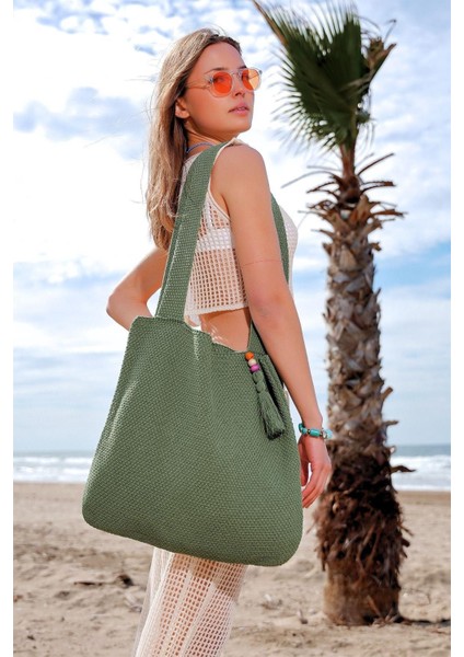 Triko Hasır Örgü Büyük Boy Shopper Askılı Gündelik El&Omuz Ve Plaj Çantası Yeşil Chax802