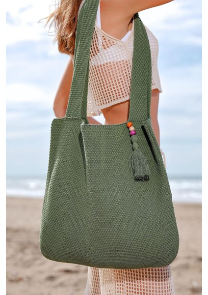 Triko Hasır Örgü Büyük Boy Shopper Askılı Gündelik El&Omuz Ve Plaj Çantası Yeşil Chax802 modelleri