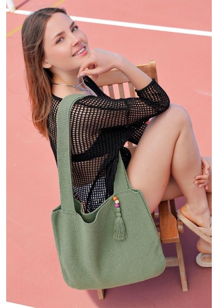 Triko Hasır Örgü Büyük Boy Shopper Askılı Gündelik El&Omuz Ve Plaj Çantası Yeşil Chax802 fırsatları