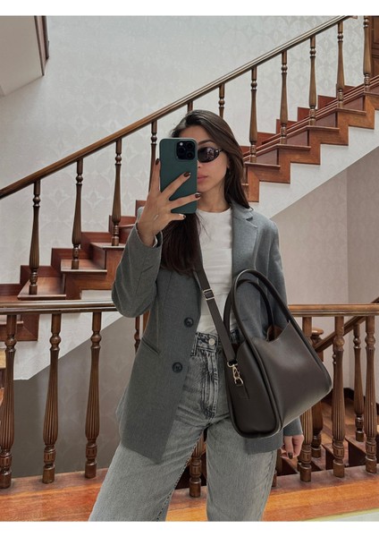 Kadın Üç Bölmeli Özel Tasarım Çıkarılabilir Makyaj Çantalı Kahve Deri El Ve Omuz Çantası Rain indirimleri