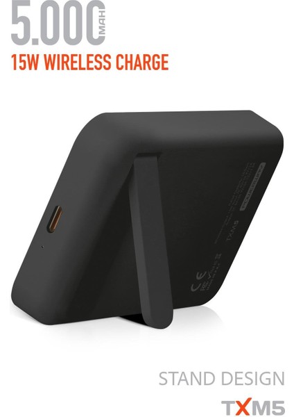 5000 Mah 15W Magsafe Destekli Txm5 Powerbank – Kablosuz Şarj + Stand Tasarım Siyah