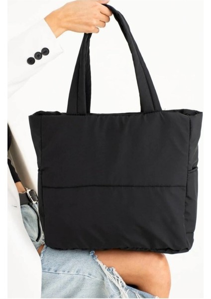 Kadın Siyah Fermuarlı Su Geçirmez Puff Çanta + Makyaj Çantası Hediyeli