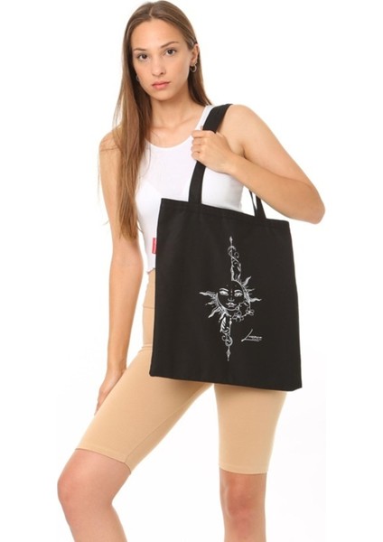 Ay Ve Güneş Baskılı Siyah Bez Çanta fiyatları