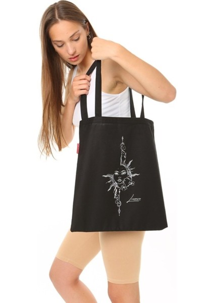 Ay Ve Güneş Baskılı Siyah Bez Çanta indirimleri