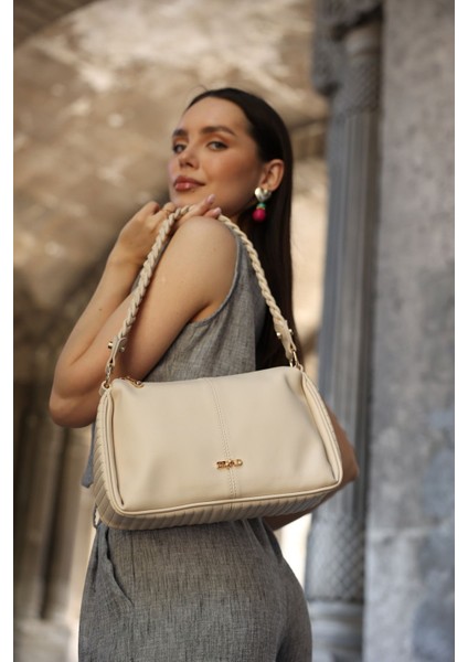 Curly Krem Kadın Örgü Detay El Ve Omuz Çantası