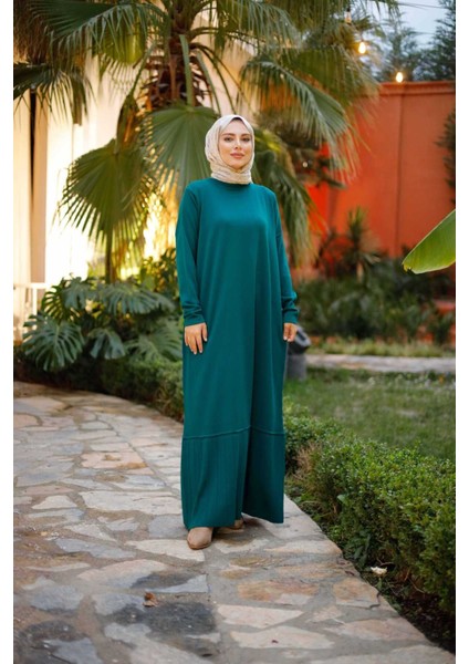 Triko Tek Parça Uzun Elbise - Kadın Tesettür Giyim