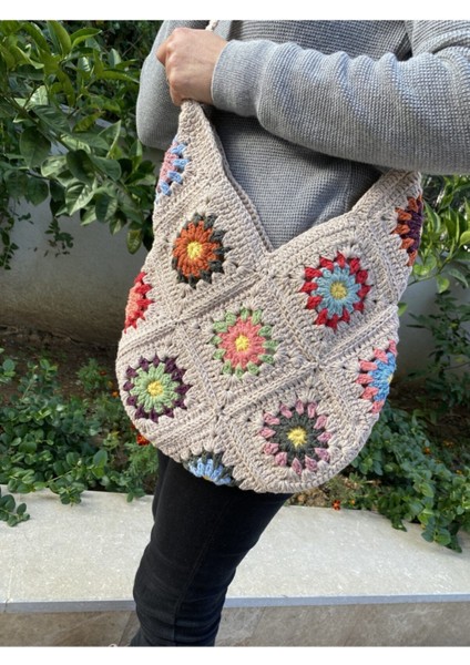 Masal Renkli El Yapımı Örgü Kadın Omuz Çantası Kroşe Tote Çanta fırsatları