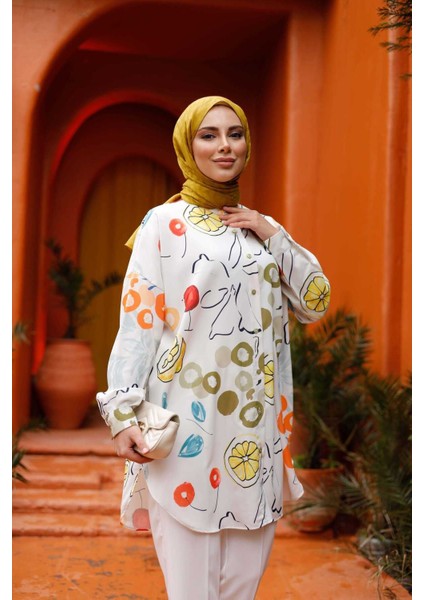 Desenli Geniş Kalıp Rahat Tesettür Kadın Gömlek