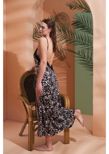 Kadın V Yaka Leopar Desenli Ip Askılı Dantel Detaylı Yırtmaç Detaylı Gecelik modelleri