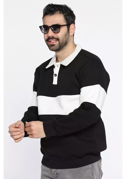 Erkek Polo Yaka Şerit Detaylı Üç Iplik Şardonlu Sweatshirt P-00014197