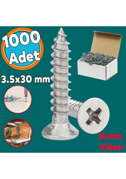 Sunta Vidası Sivri Uçlu Ahşap Tahta Ağaç Mobilya Ayak Kulp Vidası 3.5X30 mm Paket 1000 Adet