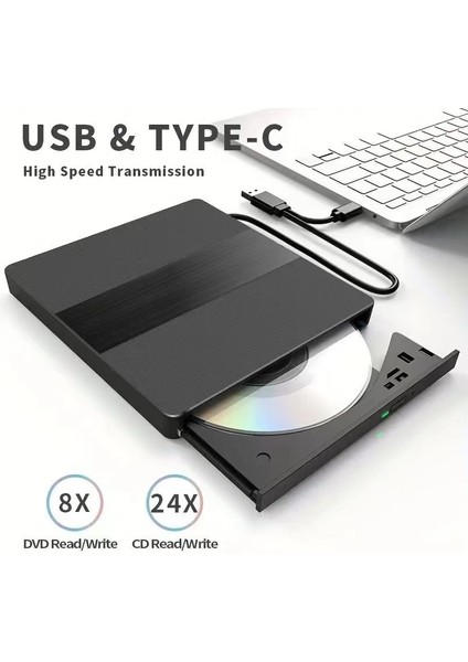 Harici USB 3.0 ve Type-C Dvd-Rom Dvd-Rw Optik Sürücü, USB ve Type C Kablolu, Pc, Tablet, DVD Player, Çizgili Metal Tasarım Ultra Slim CD Rom Okuyucu X350 fırsatları