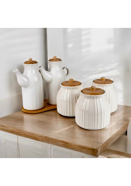 6 Parça Bambu Standlı Papatya Porselen 2 Li Yağdanlık ve 3 Lü Papatya Kavanoz Set