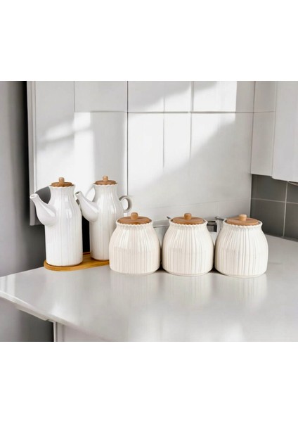 6 Parça Bambu Standlı Papatya Porselen 2 Li Yağdanlık ve 3 Lü Papatya Kavanoz Set