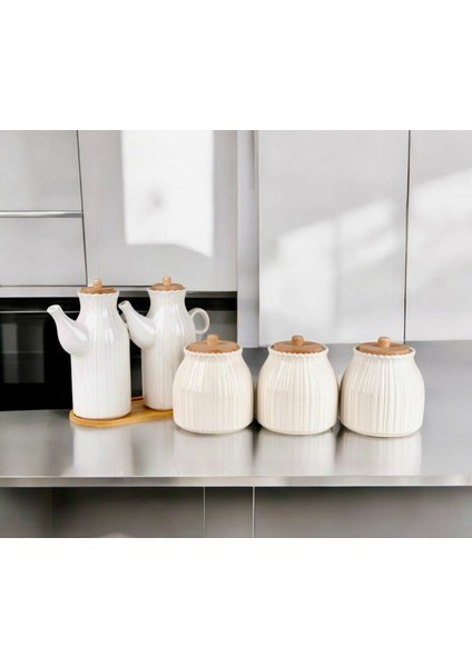 6 Parça Bambu Standlı Papatya Porselen 2 Li Yağdanlık ve 3 Lü Papatya Kavanoz Set