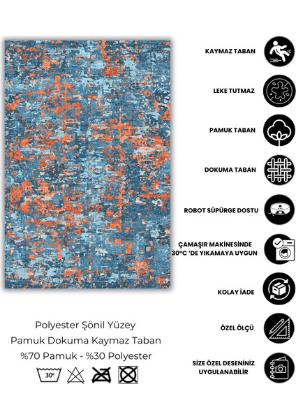 Mavi Turuncu Modern Desenli Eskitme Halı Dijital Baskılı Dokuma Kaymaz Tabanlı Yıkanabilir Salon Halısı