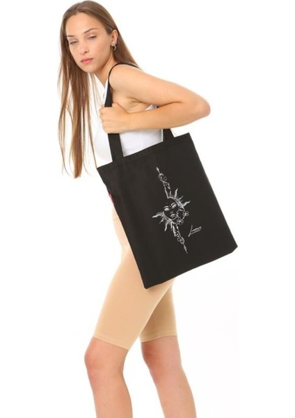 Ay Ve Güneş Baskılı Siyah Bez Çanta modelleri