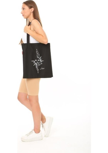 Ay Ve Güneş Baskılı Siyah Bez Çanta fırsatları