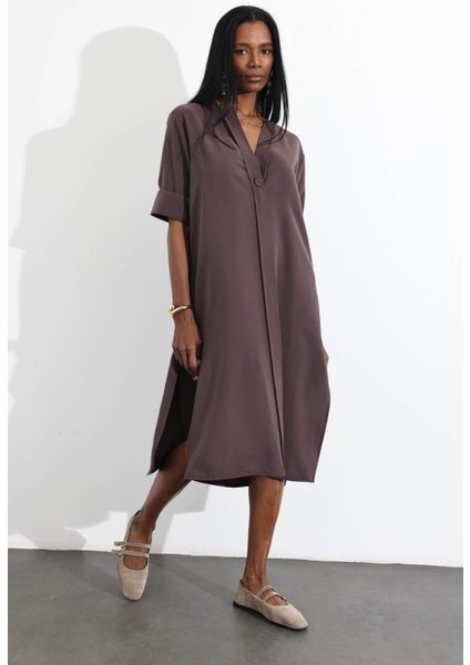 Acı Kahve Oversize Tek Düğmeli Elbise 16584