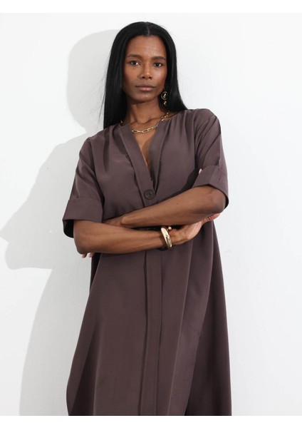 Acı Kahve Oversize Tek Düğmeli Elbise 16584